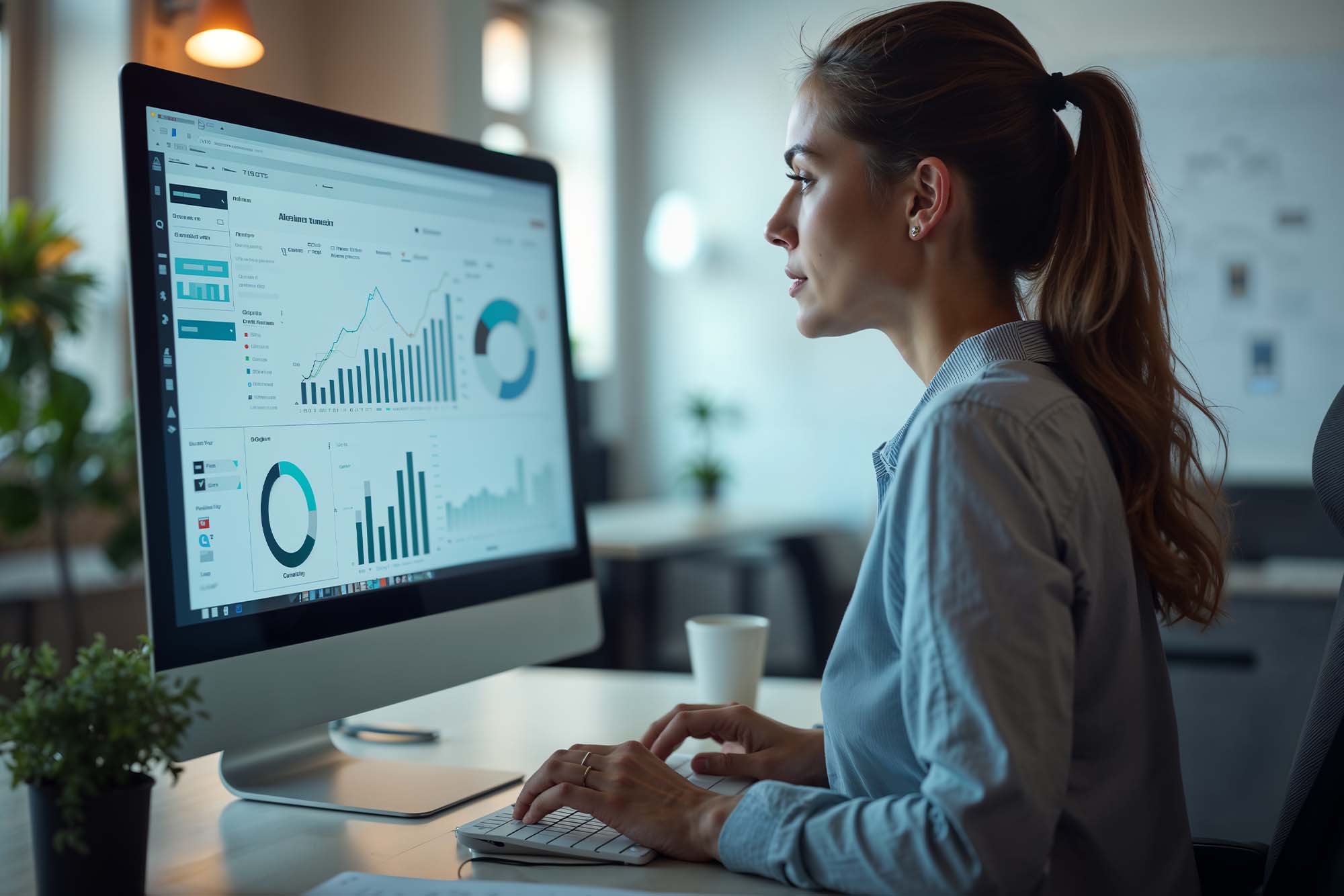 Een vrouw analyseert haar Google Analytics